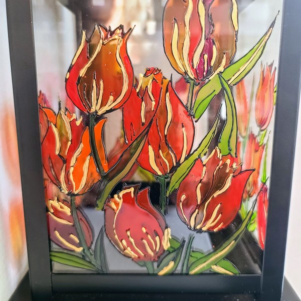 Lantern hand painted , tulips